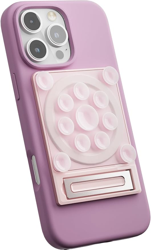 SEMBO Silicone Suction Phone Case Adhesive Sticky Grip Stand with Mag-Back for MagSafe Car/Wall Mounts, Strong Magnetic Holder for Fridge, Gym Equipment, Shower, Hands-Free Selfie (Pink, Magnetic)