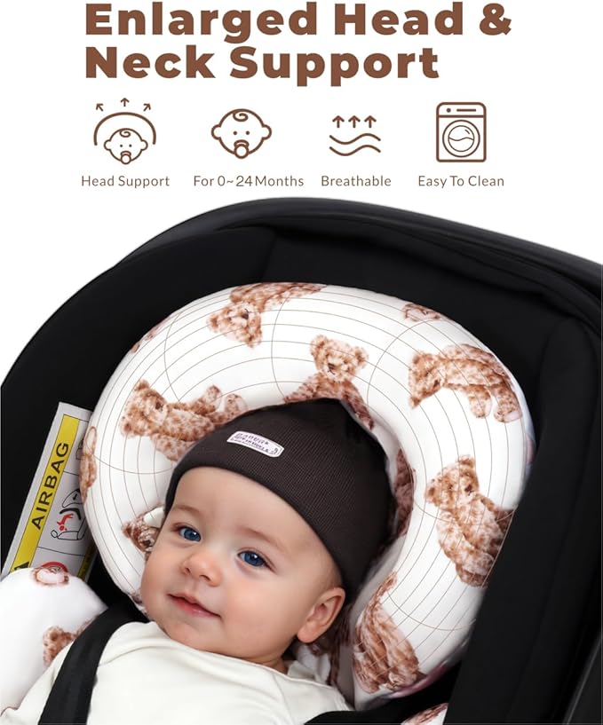 Infant Car Seat Insert with Removable Cushion for Preemie to Toddler, Reversible Newborn Carseat Insert for Baby Head Body Support, Fits for Stroller, Baby Swing, Bouncer (Teddy Bear)