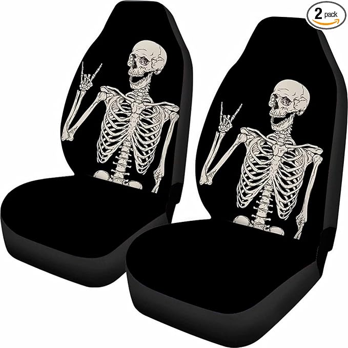 ELEQIN Cool Bone Skeleton Funny Design Car Front Seat Covers Universal fit Breathable Bucket Seat Cover Protection Cars SUV Truck, Black 2Pcs/Set