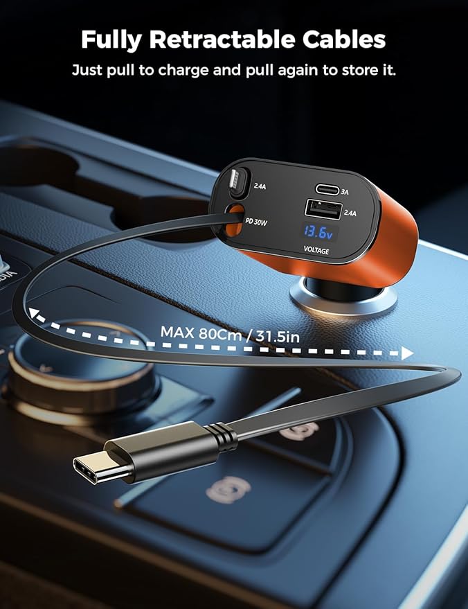SUPERONE 【Upgraded】 Retractable Car Charger 4 in 1, Fast Car Phone Charger with Cord 2.6ft, USB C and Apple Car Charger Adapter, Compatible with iPhone 17/16/15/15 Pro Max/14/13/12/11, Galaxy, Pixel