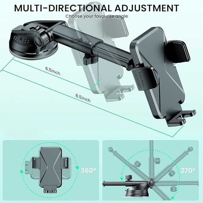 GUWEZ 360° Adjustable Car Phone Holder Universal Hands-Free Mount for iPhone & Android, 3 in 1 Windshield Air Vent Dashboard Hands-Free Car Mount for iPhone Android Smartphone