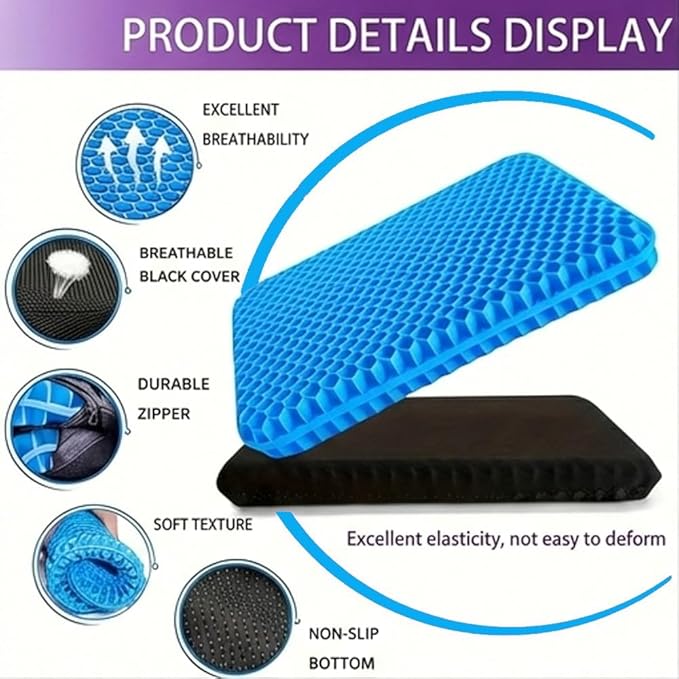 Gel Seat Cushion – Ergonomic Comfort for Office, Car, Travel & Pregnancy | Back Pain, Coccyx, Supports Spine, Breathable & Cooling for Summer | Designed for Chairs & Long Sitting
