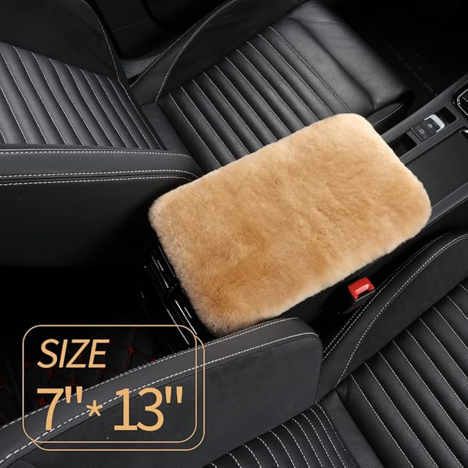 Sheepskin Armrest Cover Auto Center Armrest Cover Car Soft Console Pad, Fluffy Wool Auto Center Console Cover for Most Car Arm Rest Decoration Protector 7 x 13 Inch (Shearling, Khaki)