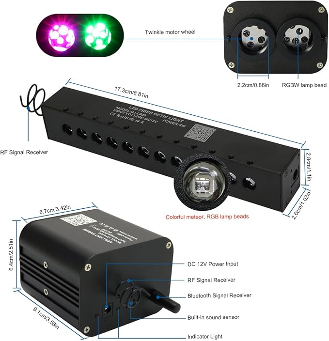AKEPO 20W Twinkle Dual-Head Dual Color Fiber Optic Lights, Fiber Optic Colorful Meteor Light Kit Sound Activated APP/Remote Control for Car Starlights Headliner/Home 900pcs 9.8ft/3m Fiber Strands