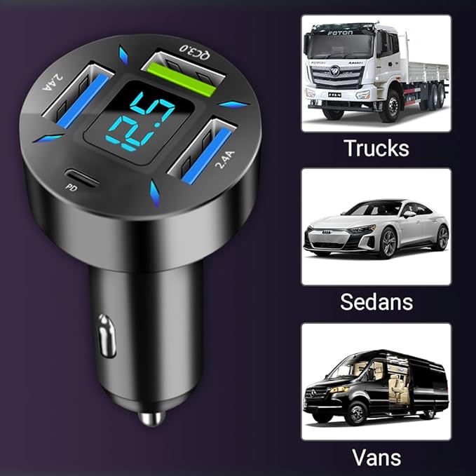 66W 4-Port Car Charger – PD & QC 3.0 Fast Charging Cigarette Lighter Adapter, Dual Type-C + Dual Type-A Ports Compatible with iPhone, Android & Tablets