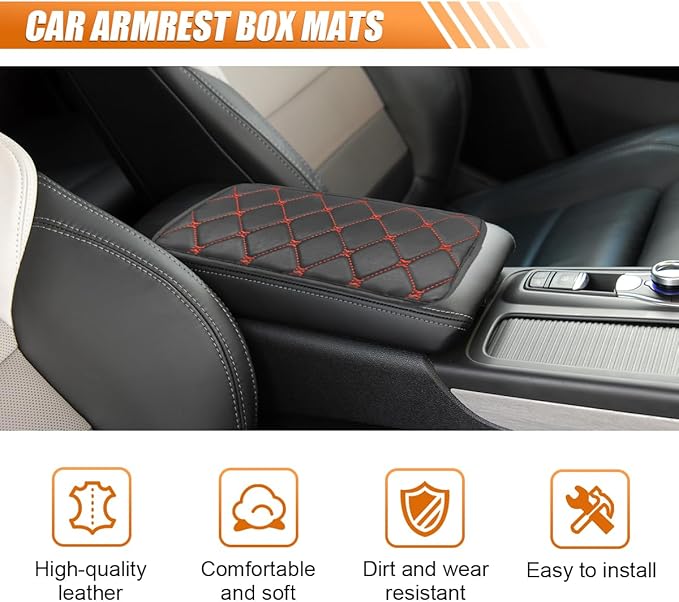 Leather Center Console Cover for Cars, Waterproof Arm Rest Box Protective Cover Car Center Console Cushion Pad, Universal Middle Console Armrest Pad Cover for Most Vehicles (Black/Red)