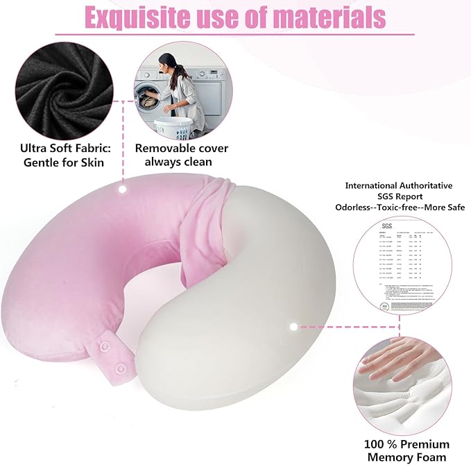 SAIREIDER Travel Neck Pillow 100% Memory Foam, Airplane Rest Prevents Head from Falling Forward, Plane Accessories with Storage Bag, Sleep Mask and Earplugs (Pink)