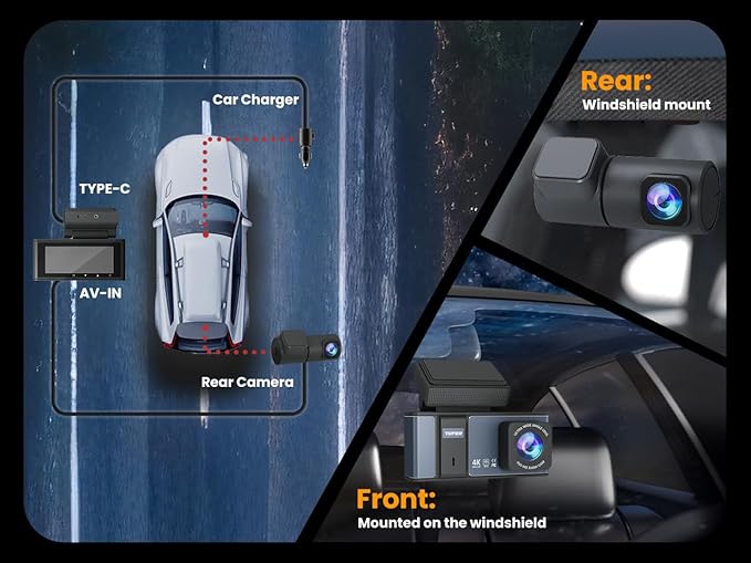 Dashcam Front and Rear Camera,TVFEA Dash cam 4K,Dual Dash Camera for Cars with Wi-Fi,3.18" LCD Screen,64GB Card,APP Control,Night Vision,WDR,Metal Shell,24H Parking Mode,G-Sensor,Loop Record