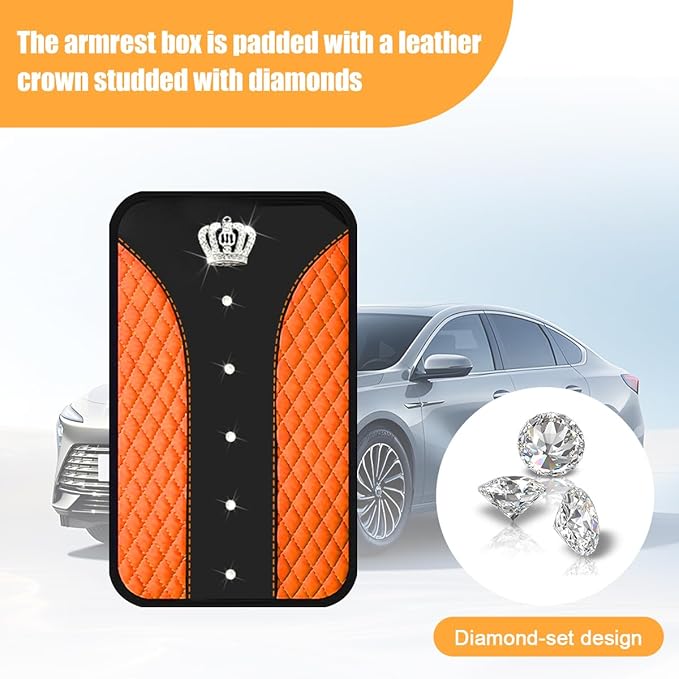 Bling Car Center Console Cover, Crown Crystal Rhinestones Vehicle Armrest Mat Protector, Anti Slip Sparkling Automotive Arm Rest Seat Box Cushion Pad Decor Accessories, Universal Fit (Orange)