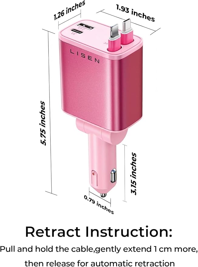 LISEN Retractable Car Charger, 84W Fast Charging Car Phone Charger, Car Charger USB C Truck Accessories, Road Trip Essentials Pink Car Acessories for Men Women for iPhone 17 16 15 14 13 12 Samsung S26