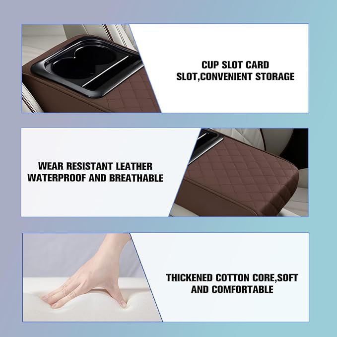 Car Center Console Armrest Pillow, Vehicle Armrest Seat Box Cushion Pad with Cup Holder & Phone Holder, Comfortable Auto Middle Console Cover, Universal for SUV RV Truck (Diamond, Coffee)