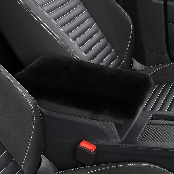 Sheepskin Armrest Cover Auto Center Armrest Cover Car Soft Console Pad, Fluffy Wool Auto Center Console Cover for Most Car Arm Rest Decoration Protector 7 x 13 Inch (Shearling, Black)