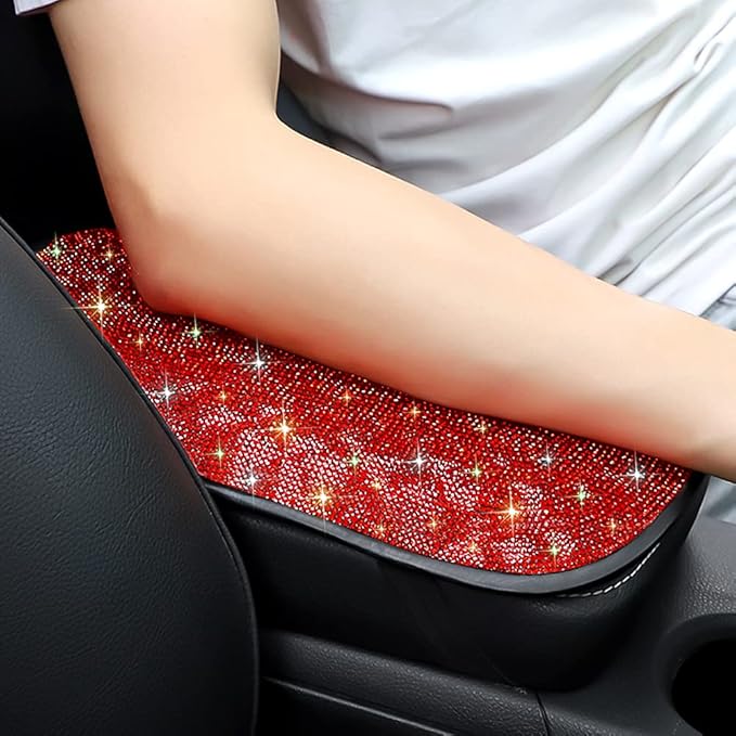 SAVORI Bling Car Armrest Cover Diamond Rhinestone Auto Center Console Cover Protector Arm Rest Cushion Pads Universal Bling Car Accessories for Women Girl Cute Vehicle Interior Decor (Red)