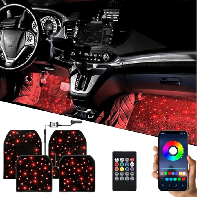 Interior Star Lights for Car, LED Starlights Floor Mats, Carpet Fiber Optic Foot Light Decoration (Set of 4)