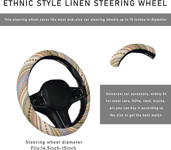 Boho Steering Wheel Cover, 15.0"×15.0" Anti-Slip Baja Blanket Ethnic Steering Wheel Protector, Breathable Flax Cloth Elastic Bohemian Steering Wheel Cover, Car Accessories (Style G)