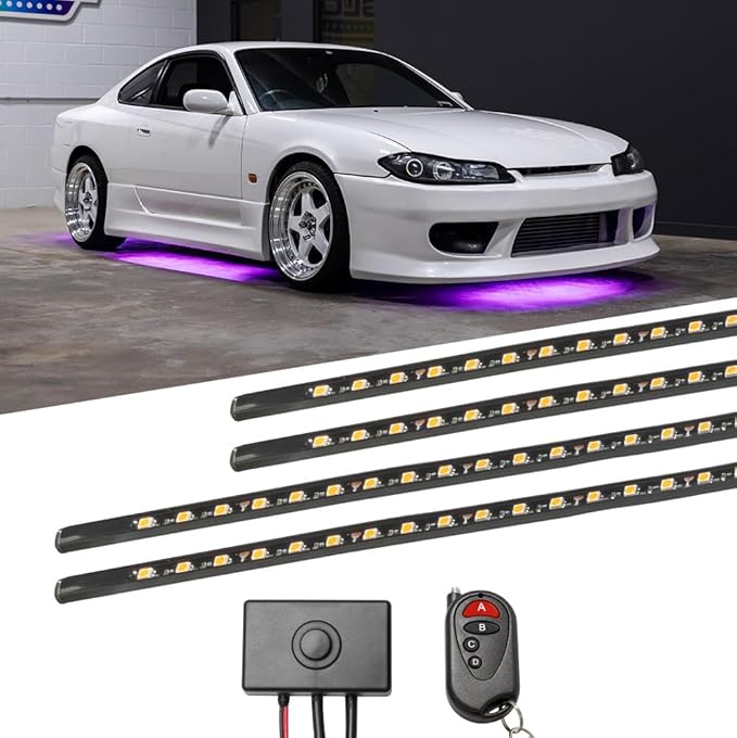 LEDGlow 4pc Purple Flexible Car Slimline LED Underbody Underglow Accent Neon Lighting Kit - 4 Unique Patterns - Water Resistant, Low Profile Tubes - Includes Control Box & Remote