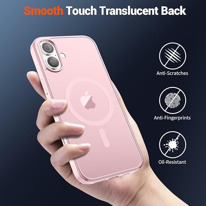 SUPFINE Magnetic for iPhone 16 Plus Case with Screen Protector (Compatible with MagSafe) (Military Grade Drop Protection) Translucent Matte Shockproof Phone Cover,Light Pink