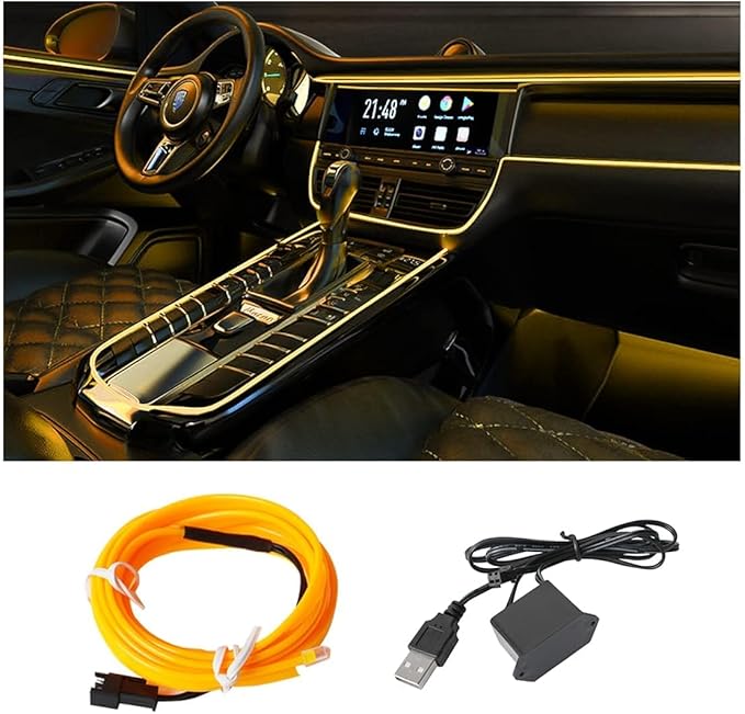 EL Wire Interior LED Strip Lights, USB Auto Neon Light With Sewing Edge, 16FT Electroluminescent Ambient Lighting Kit, Fuse Protection, Car Decoration Accessories (Yellow/16FT)