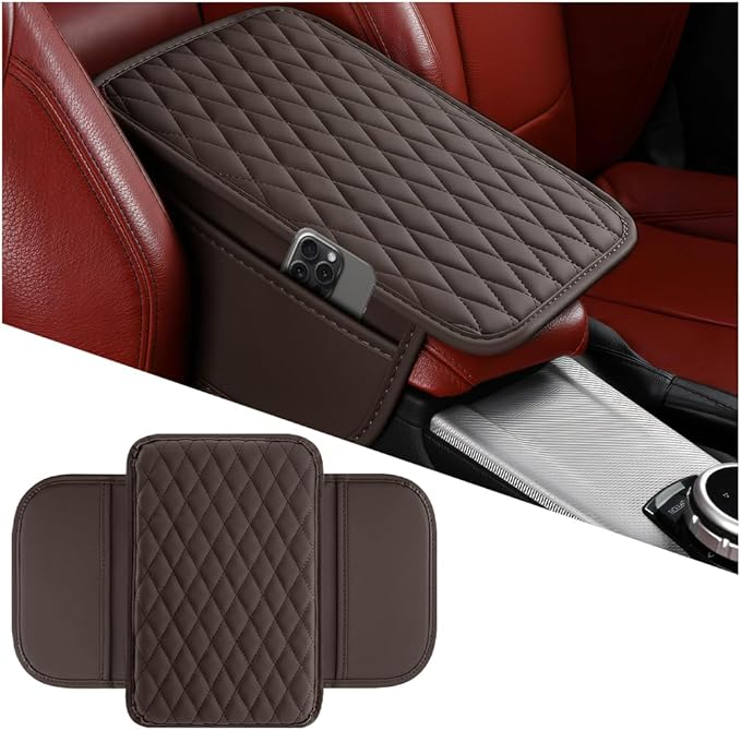 Mandark Car Center Console Cover, Microfiber Leather Vehicle Armrest Protector Cushion with 2 Storage Bags, Auto Interior Arm Rest Seat Box Pad Accessories, Universal for SUV, Sedan, Truck (Coffee)