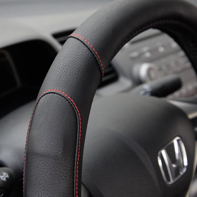 Motor Trend Ergonomic Steering Wheel Cover/Protector for Small Size Steering Wheels in Cars, SUVs, Boats (13.5-14.5") - Grip Drive Pro Comfort Grip (Black/Red Stitching)
