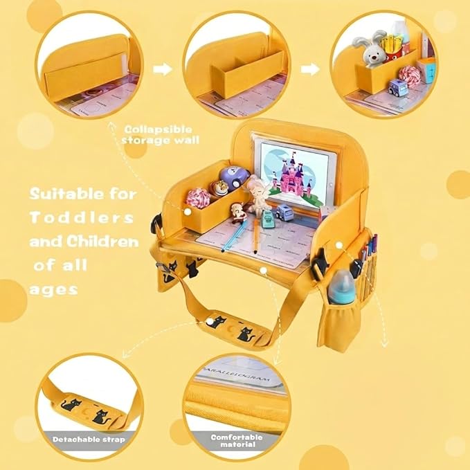 MENZOKE Kids Travel Tray for Toddler Car Seat, Toddler Gift for Boy Activities with iPad Holder Stand & Storage Pockets, Road Trip Essentials Accessories Lap Tray as Travel Gifts for Kid, Yellow