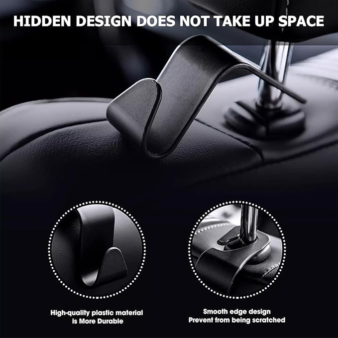 Car Seat Headrest Hook, 4PCS Multifunctional Auto Backseat Hangers, Universal Car Interior Accessories, Vehicle Storage Organizer for Purse, Coat, Umbrella, Grocery, Bag, Handbag (Black)