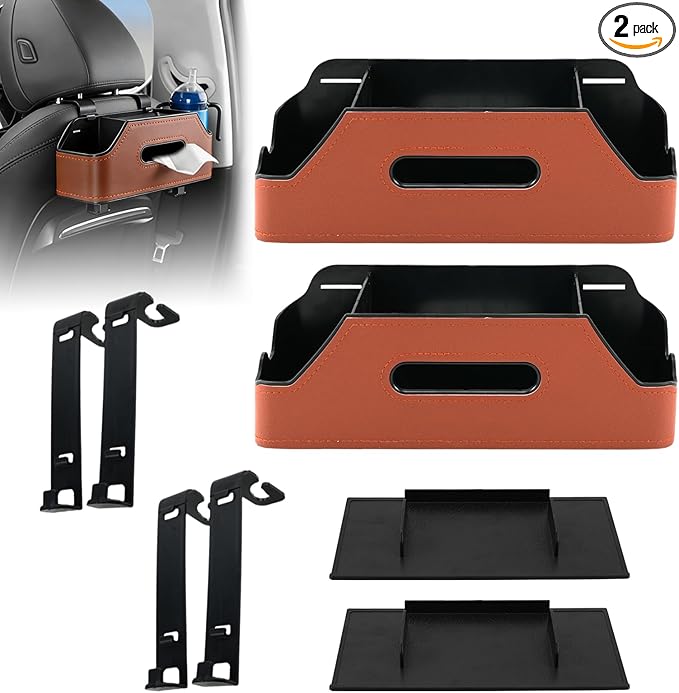 Sporacingrts 2 Pack Brown Car Seat Back Organizer with Cup Holders, Tissue Box, Hooks, Phone Slot, PU Leather Storage Box for Backseat, Universal Fit for Cars SUVs Trucks