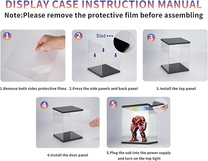 Clear Acrylic Display Case with Light for Gundam Display, Multiple Color Lights Dustproof Protection Display Box for Collectibles Action Figures（14×10×21inch）