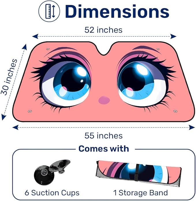 GENANY Cute Eyes Windshield Sun Shade for Car SUV Truck (55x30 Inches), Sun Shade Windshield, Shades for Front Windows, Protector Blocks UV, Car Decor
