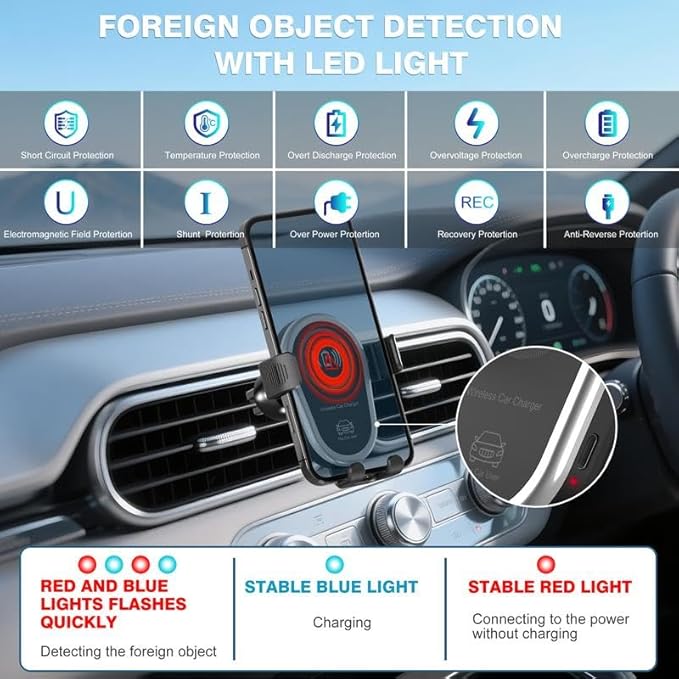 15W Fast Wireless Car Charger, Phone Holder, Auto-Clamping Air Vent Phone Charger for Car (Blue Border Black)