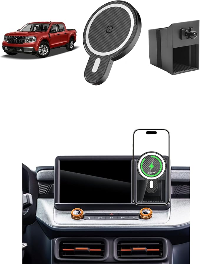 PZK Car Phone Holder for Ford Maverick 2022 2023 2024 Accessories with Strong Magnetic 15W Fast Wireless Charger Magsafe Car Phone Mount with Cubby Stroage Box Trunk Dash Mount 360° Rotation