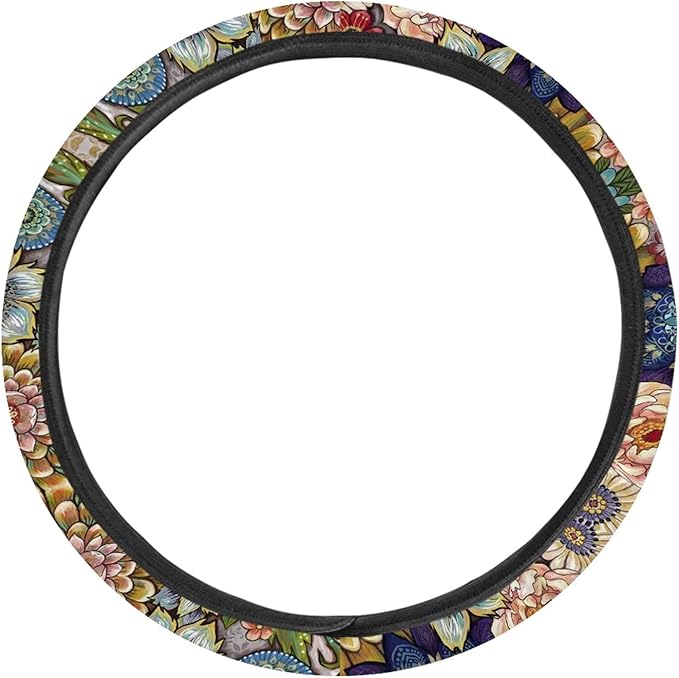 AFPANQZ Boho Floral Bright Blossoms Car Steering Wheel Covers for Womens Anti-Slip Comfortable Stretch-on Steering Wheel Protector Cover Sweat Absorption Cover Car Accessories