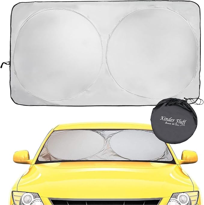 Windshield Sun Shade - Certified 99.87% UVB & 99.02% UVA Protection Car Sun Shade. Award Winning Sunshade for Car Windshield with Patented Technology. Size S 59"x28" Car Window Shades by Kinder Fluff
