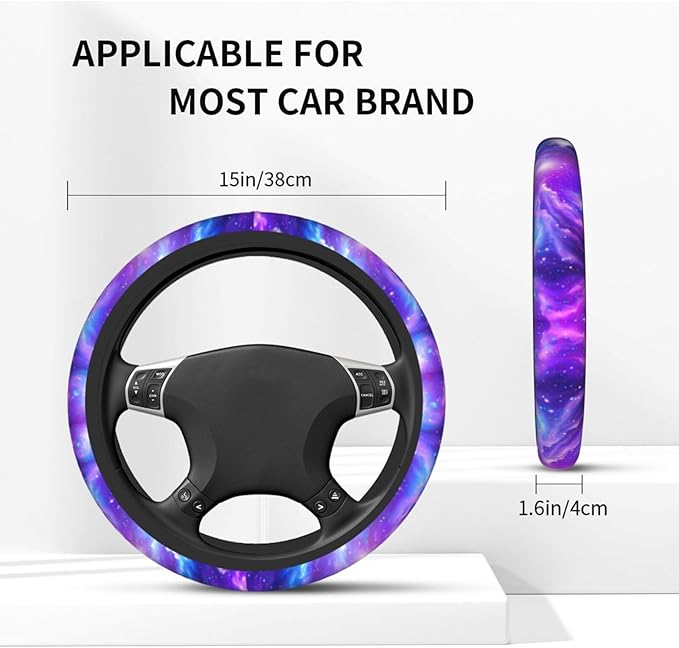 Starry Sky Steering Wheel Cover - Universe Steering Wheel Cover Anti-Slip Breathable Universal for 15 Inch Car with 2 Pieces Car Coasters Suitable for Men Women