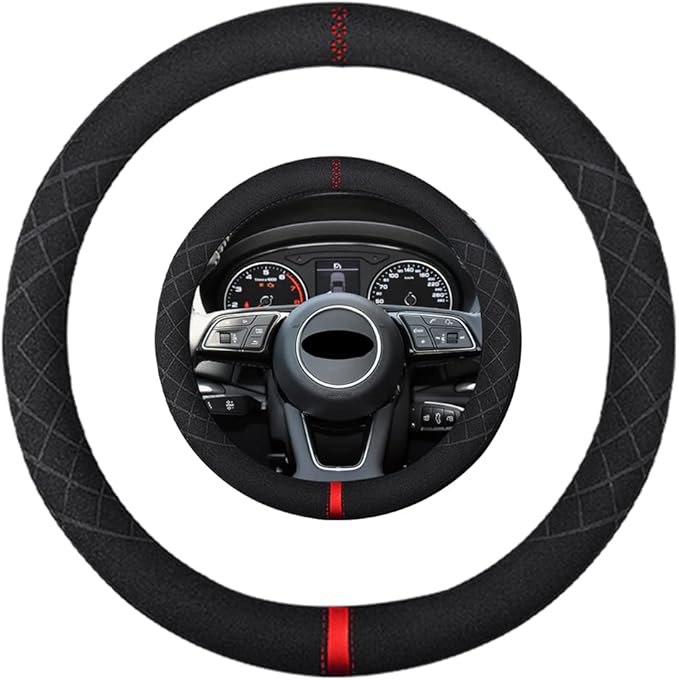 Suede Steering Wheel Cover,Compatible with Audi A3 A4 A5 A6 A8 R8 RS7 S3 S5 S6 S8 SQ5 TT Q7 Suede Leather Sport Non-Slip Wheel Cover Car Interior Accessories 15 inch for Man and Women