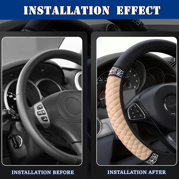 Soft Leather Car Steering Wheel Cover, Universal 15 Inch Colorful Rhinestones Anti-Slip Elastic Steering Wheel Covers for Most Cars, Sparkly Crystal Diamond for Women Girls (Beige)