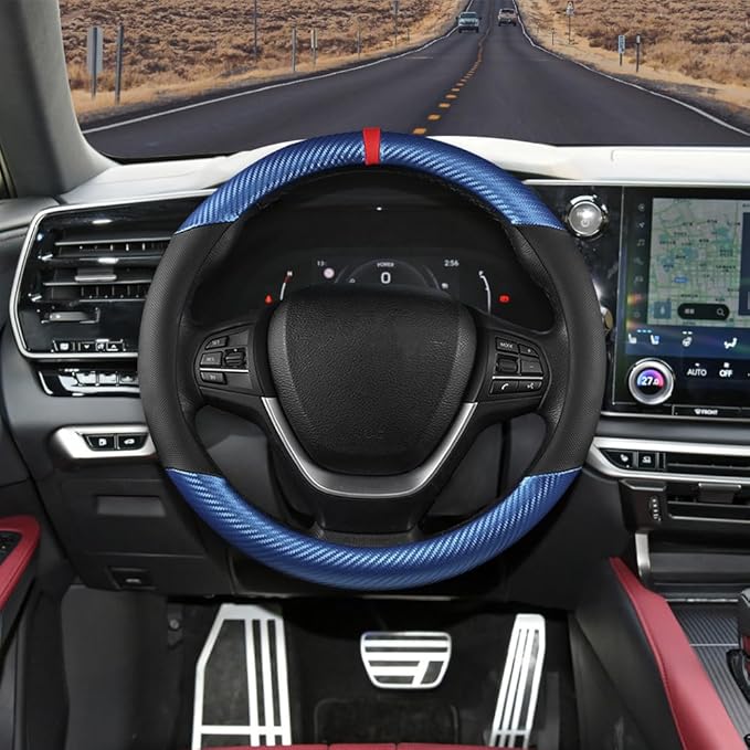 Carbon Fiber Car Steering Wheel Cover, Universal 15 inch Breathable Anti Slip Steering Wheel Covers, Car Interior Accessories Steering Wheel Protector for Men and Women, Fit for Most Cars (Blue/Black)
