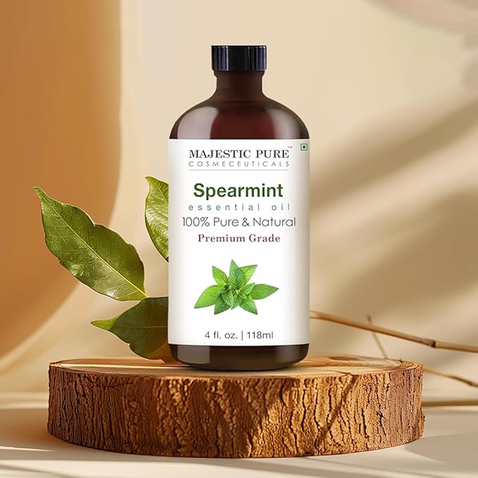 Majestic Pure Essential Oil with Glass Dropper - 100% Pure and Natural - Essential Oils for Diffuser, Aromatherapy, Soap and Candle Making, Spearmint Essential Oil, Spearmint Oil, 4 Fl Oz