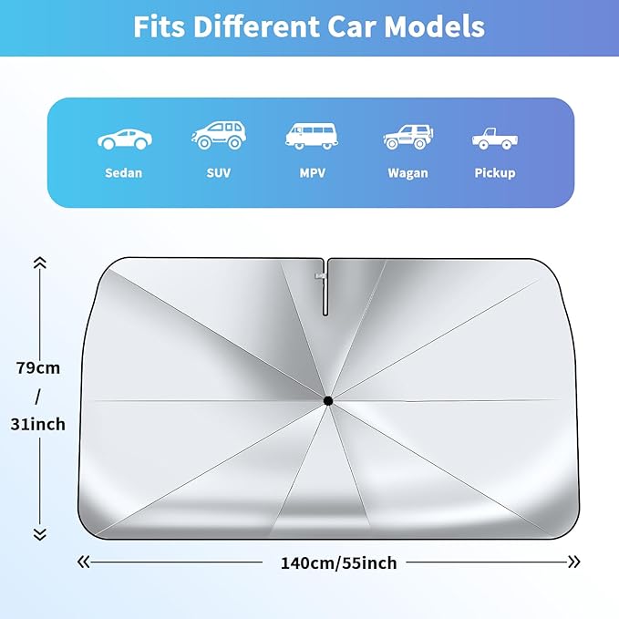 7F Car Sun Shade Umbrella, Protect from Sun Rays and Protect Interior, Sunshade for Car Windshield, Bendable Handle Windshield Cover Sun Shade, [2025 Upgrade] 55" L x 31" W