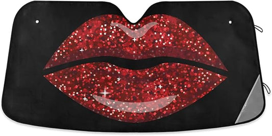 Woman Red Lips Glitter Car Windshield Sun Shade Foldable UV Ray Sun Visor Protector Sunshade to Keep Your Vehicle Cool (55" x 27.6")