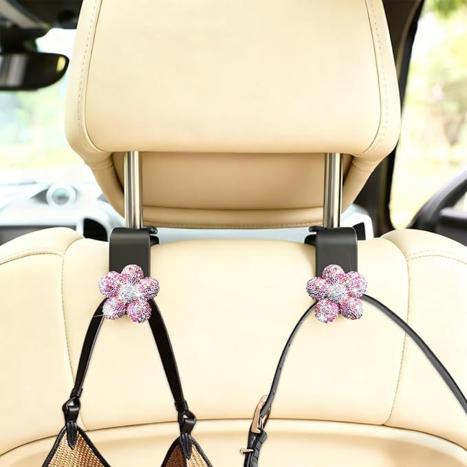 Bling Car Seat Headrest Hook, 4PCS Daisy Crystal Rhinestone Vehicle Backseat Hanger Hook for Purses Bags, Auto Headrest Storage Organizer Decorations, Universal Fit (Multicolour Pink)
