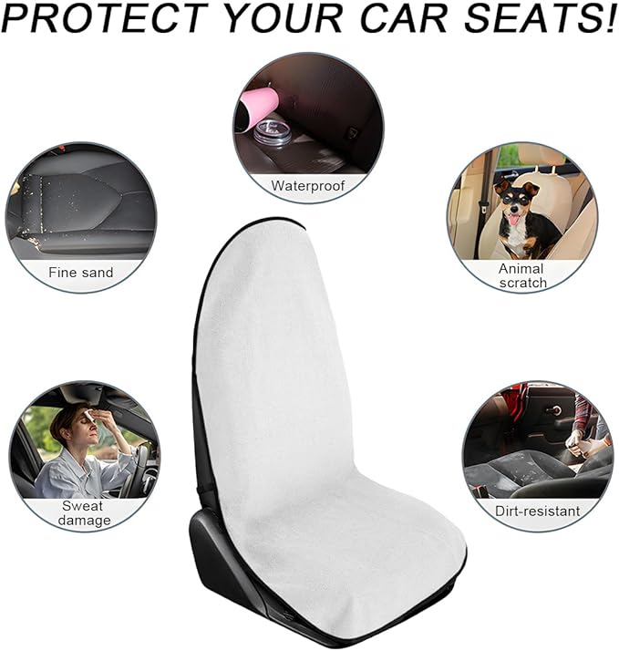 2PCS Car Towel Seat Cover, Waterproof Sweating Non-Slip Premium Soft Towel Carseat Protector, Universal Machine Washable Car Truck SUV Front Seat Cover for Gym Workout Beach Hiking (White)