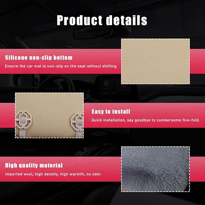 Sheepskin Car Seat Cushion, Comfortable Soft Fur Wool Auto Front Seat Cover, Vehicle Seat Protector Pad for Warm Winter Office Chair, Universal Decor Car Accessories (Gray)