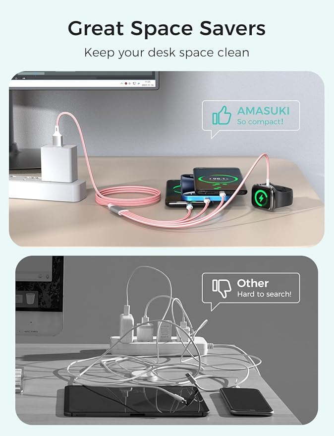 2Pack Multi Charging Cable for Apple Watch Charger 4 in 1 Travel Essentials RV Camping Essentials USB C/L/Micro Compatible with iWatch Series 11-1/iPhone 17/16/15/Android Airplane Gadgets-4FT/Pink