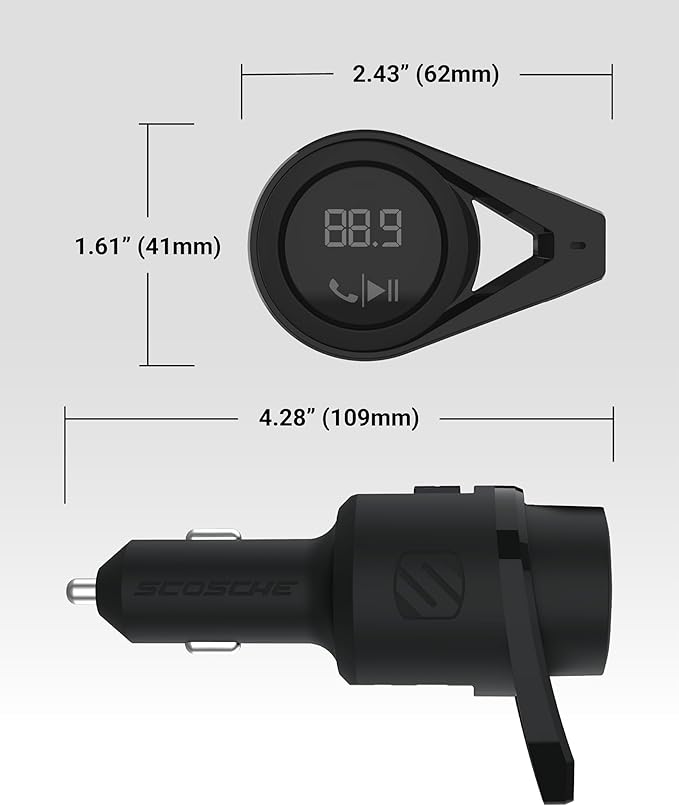 Scosche BTFM9 FM Bluetooth Transmitter Car, Dual 12W USB-C and USB-A Charging Ports, Fast Type C Car Charger, Wireless Radio Bluetooth Adapter, Hands-Free Kit for Calls, Siri and Google Assistant