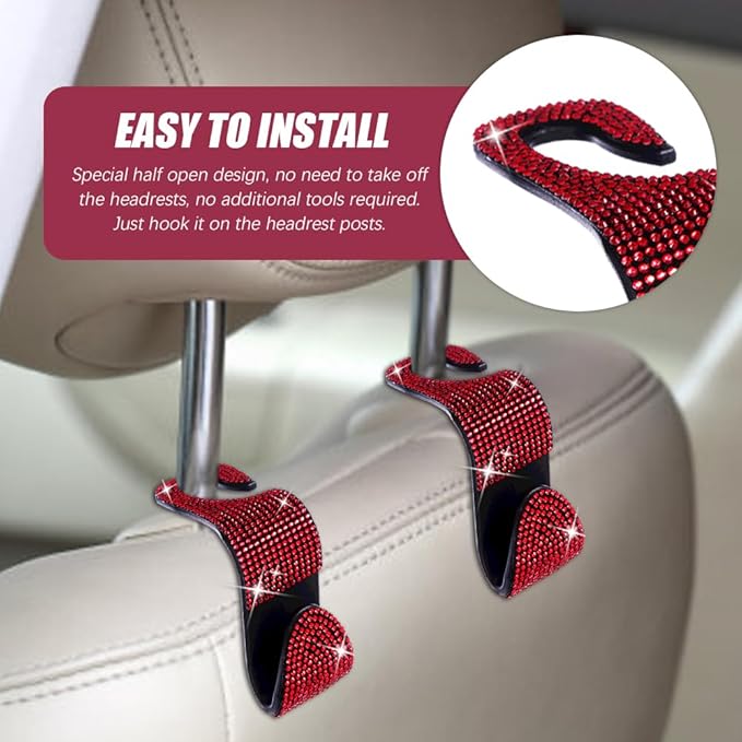 2 Pack Car Seat Headrest Hooks, Bling Car Organizer Hanger Storage Hooks for Bags, Clothes, Coats, Grocery Bags (Red)