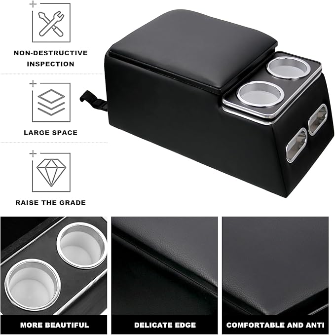 Center Console Organizer with Cup Holder & Padded Top Lid fit for Truck & Car & Van& Bench Consoles Central Armrest Box Back Seat Storage Box Black