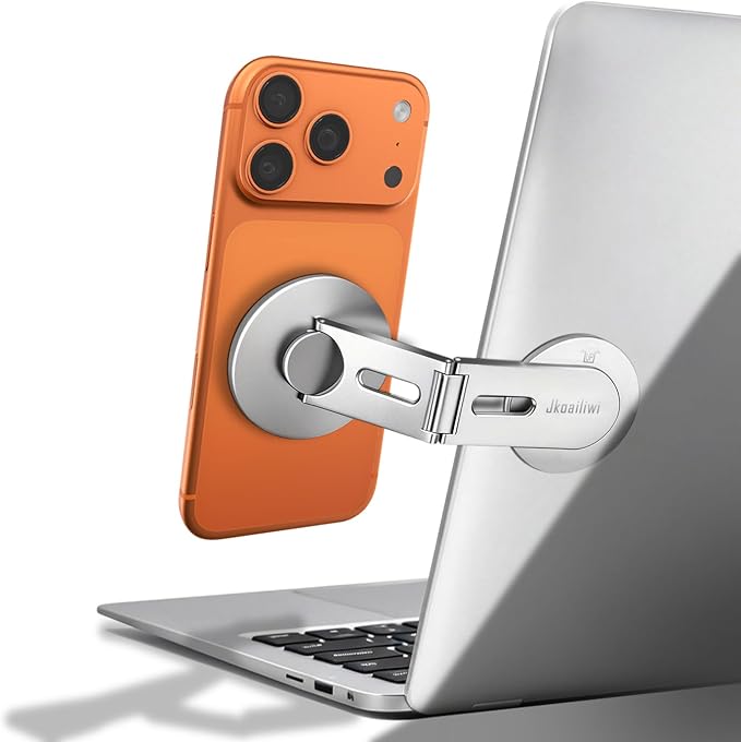 Magnetic Phone Holder for Laptop & Monitor, Foldable Hidden Side Mount, 360° Adjustable Continuity Camera Mount for MagSafe iPhone 12-17 Air Pro Max, Fits for Tesla Model 3/Y, Silver