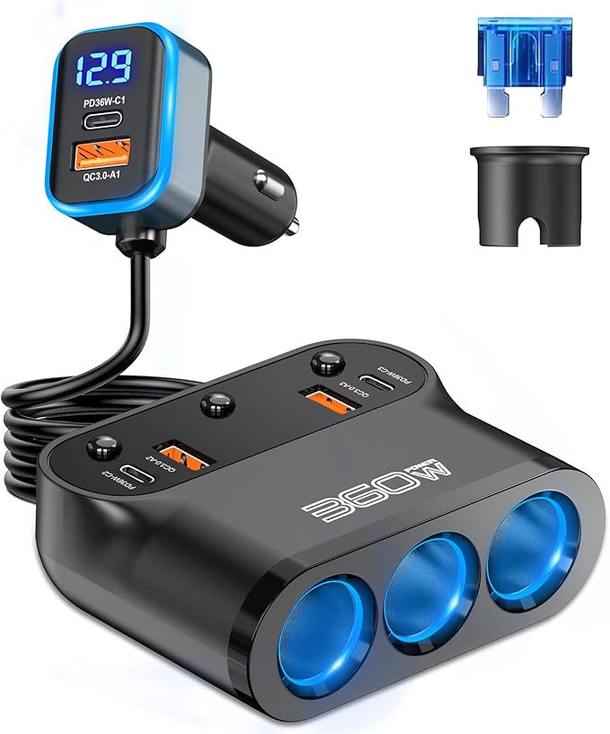Qidoe 9 in1Cigarette Lighter Splitter,360W 3 Socket Car Charger Adapeter,3*PD&QC 108W,12V/24V Car Socket Adapter with Independent Switches & LED Voltage Display for All Car Devices