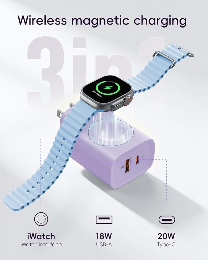 VRURC Charger for iPhone & Apple Watch, 20W USB C Fast Charging Block, 3-in-1 Compact Travel Adapter with 2 Port for iPhone 17/16/15/14/13, Wireless Magnetic for iWatch SE/11/10/9/8/7/6/5/4-Purple